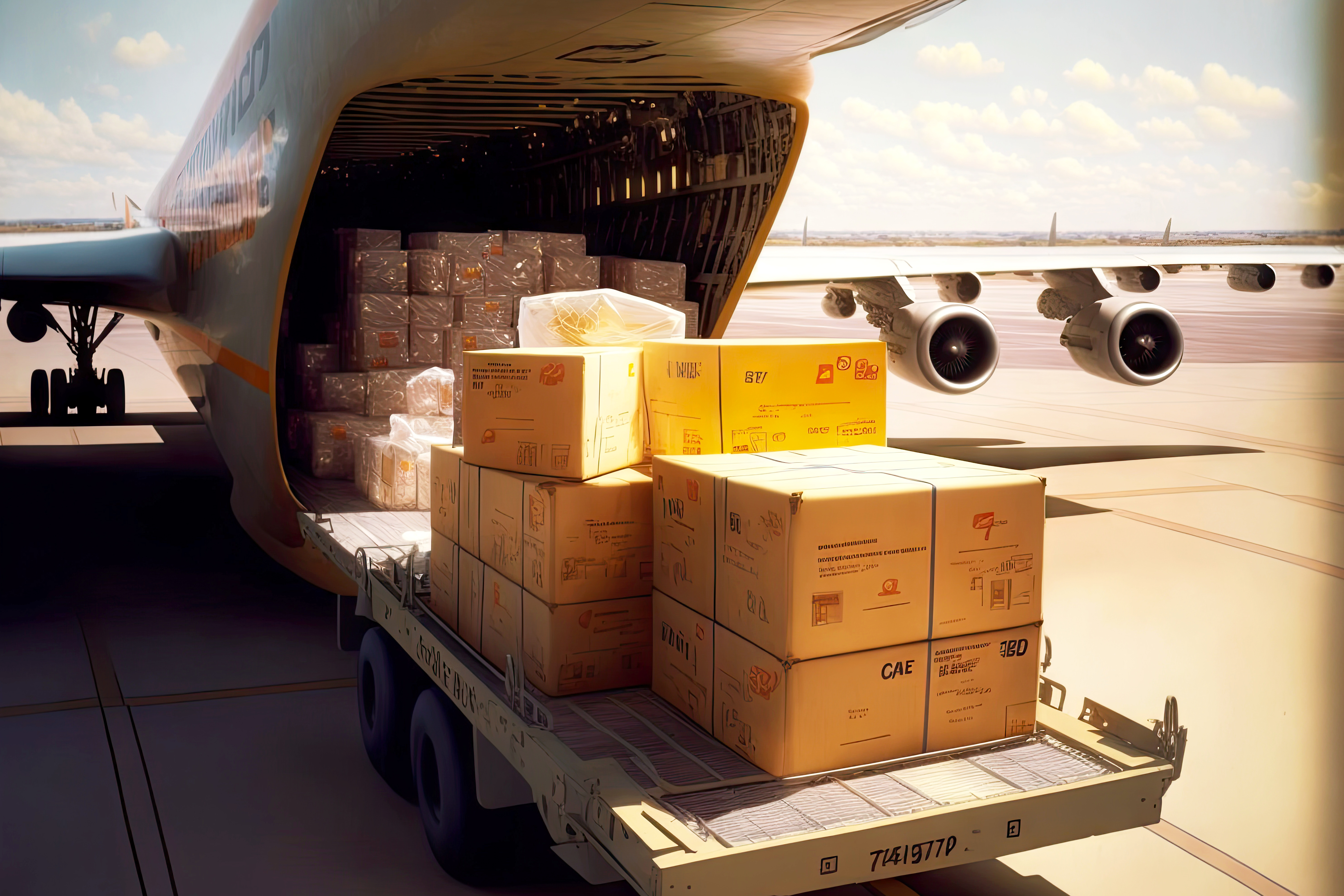 boxes of goods on trolley are loaded into hold of cargo plane