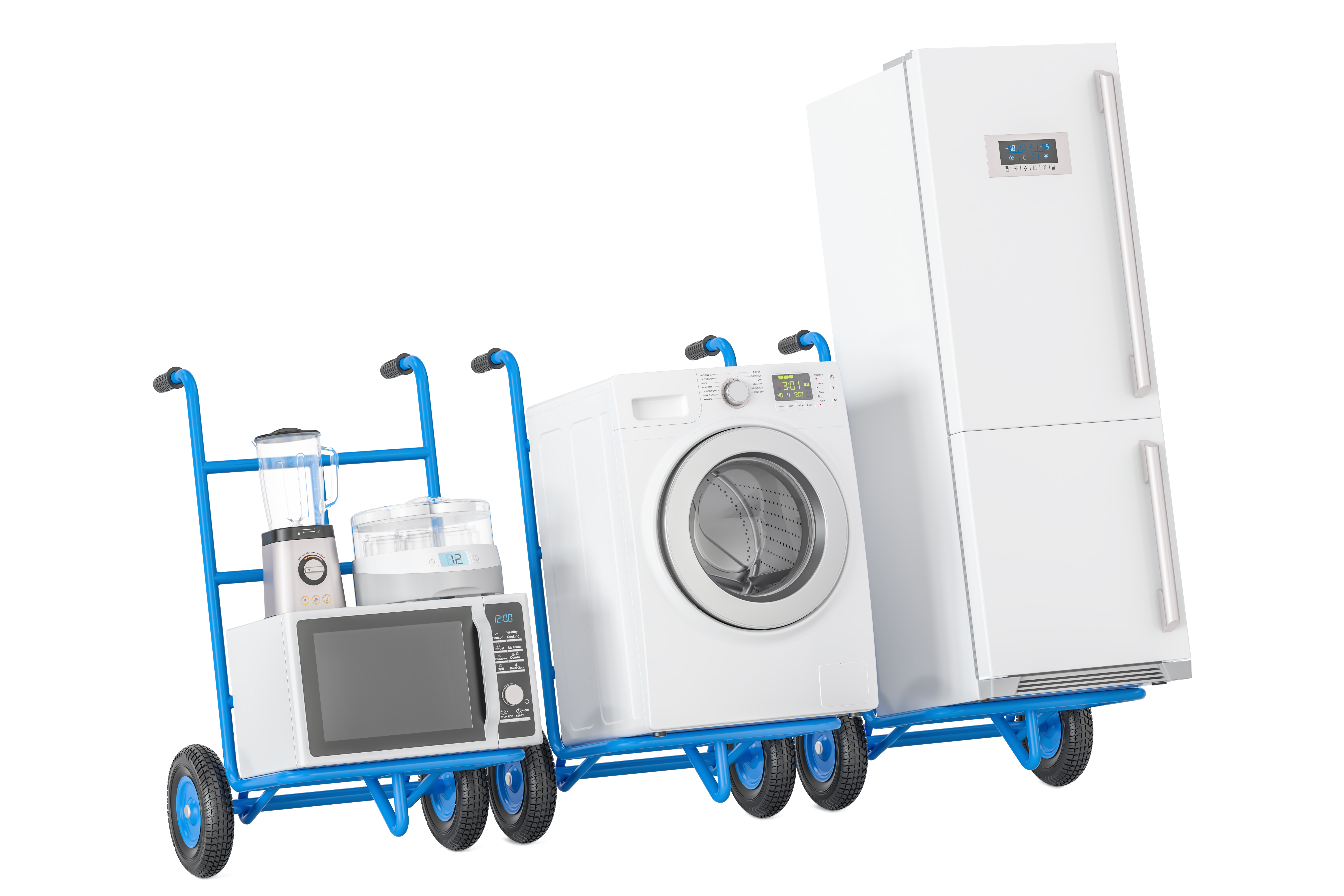 Delivery of household kitchen appliances. Hand trucks with refrigerator, washing machine, microwave oven, blender and yogurt maker, 3D rendering